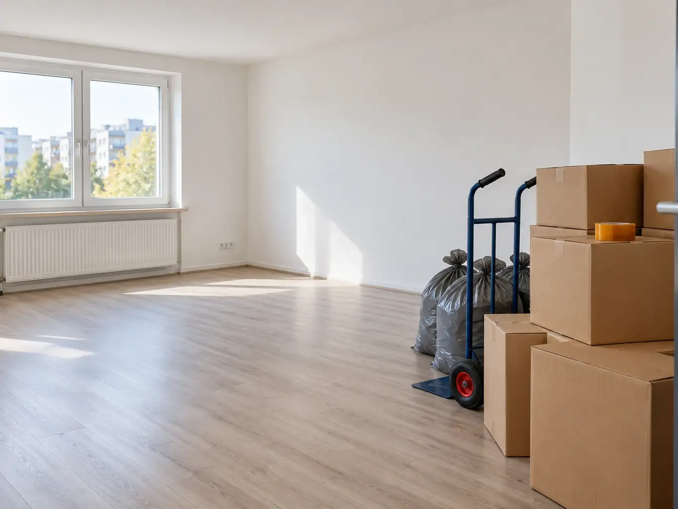 Leer geräumtes Zimmer, an der Tür stehen gestapelte Kartons, Säcke und eine Sackkarre