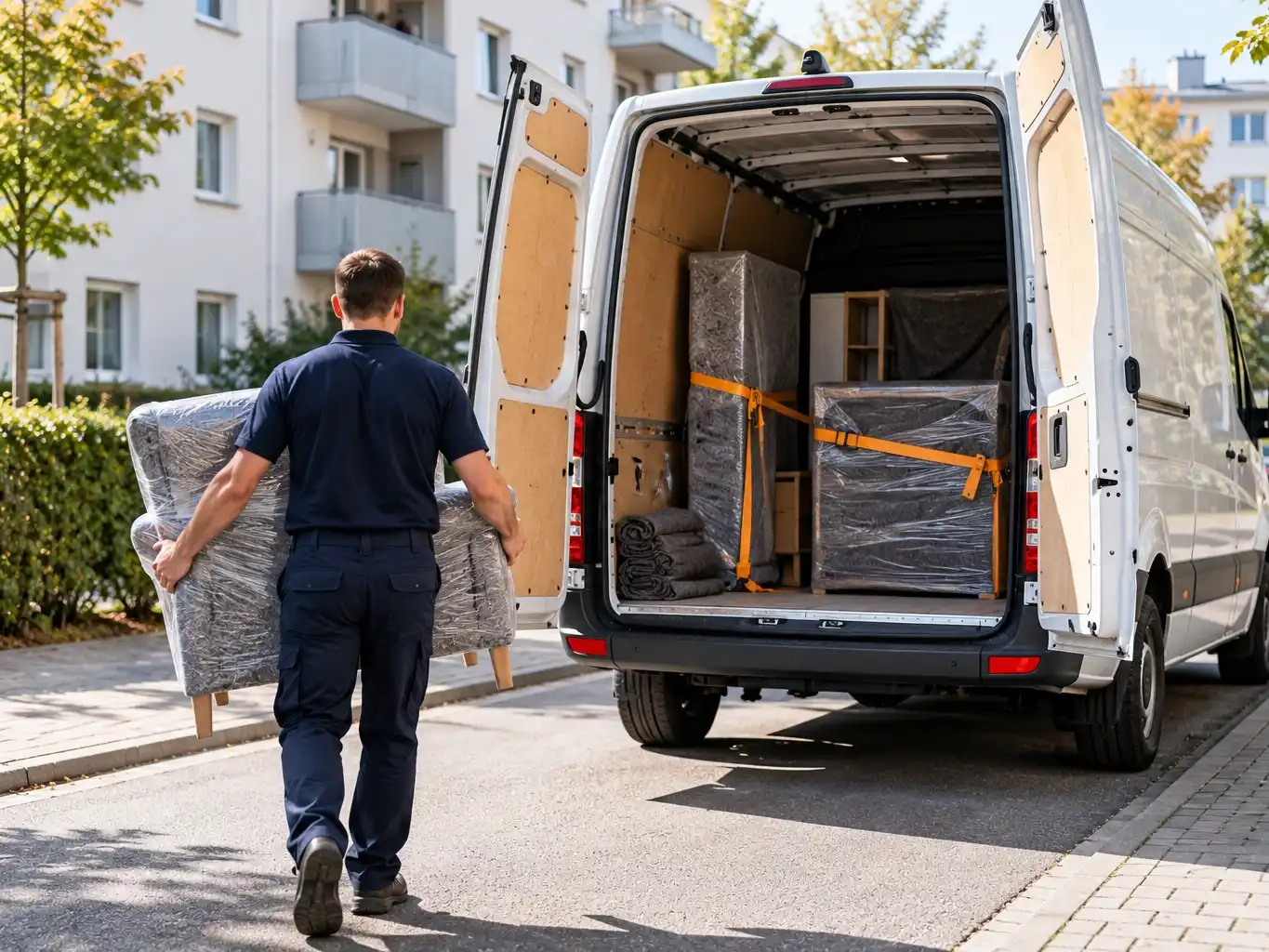 Offener Transporter mit Möbeln in Decken und Spanngurten, ein Mann trägt einen Sessel zum Fahrzeug